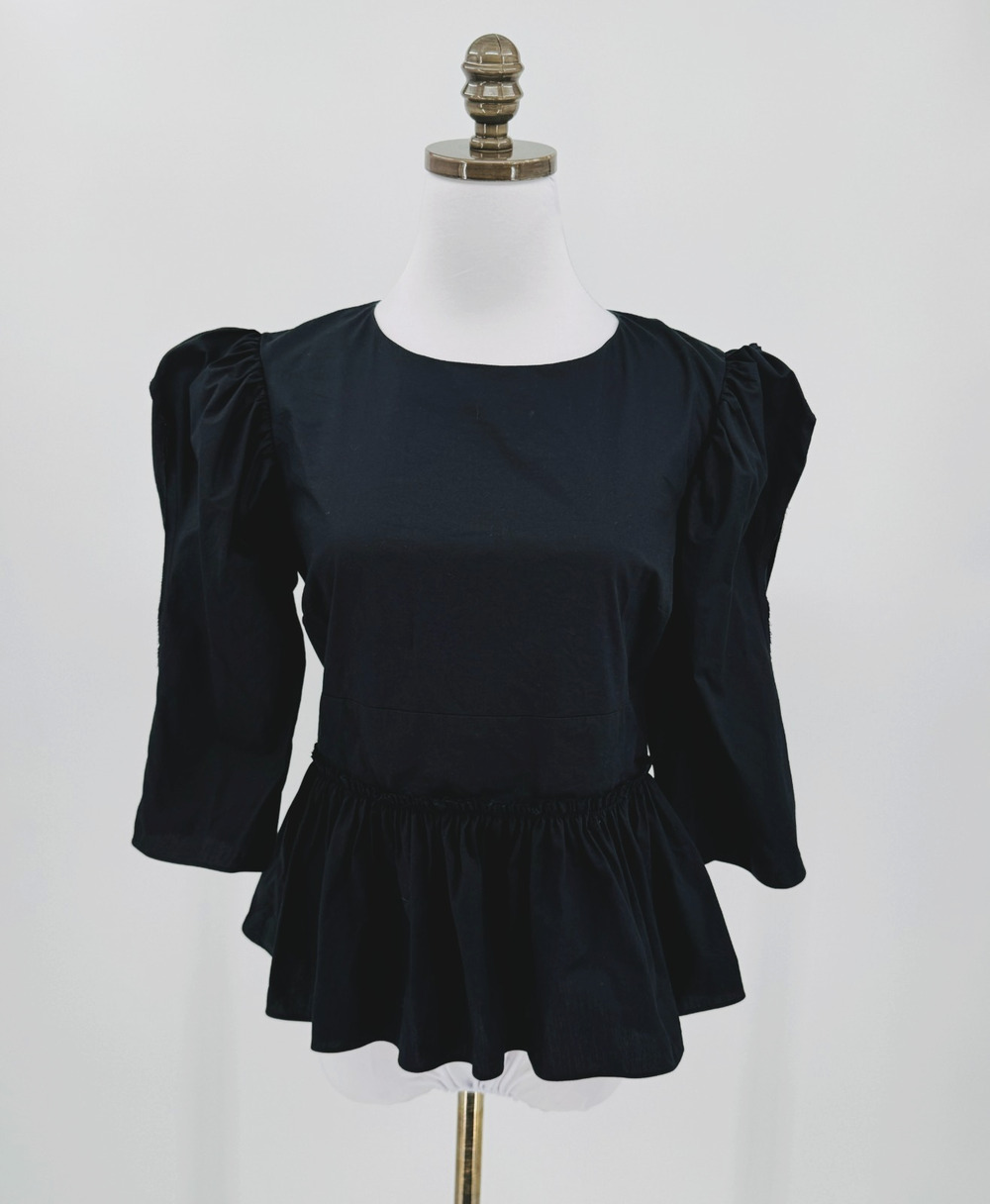 Brock Collection Sveva Black Cotton Peplum 3/4 Puff Sleeve Blouse Top Sz 6
